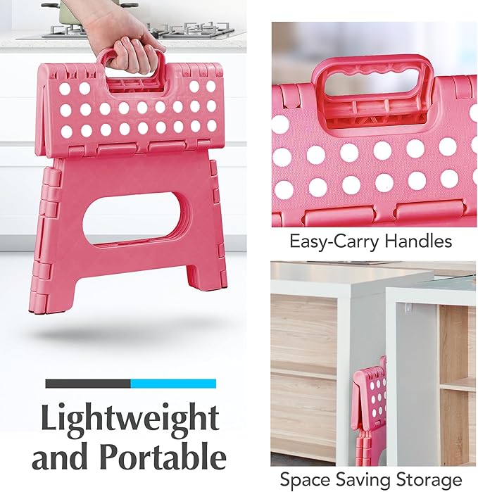 Handy Laundry Folding Step Stool 9 Inch 2-Pack, Pink, Holds 300 lbs | 2-Pack, 9 Inch, Pink, Foldable Collapsible Step Stool, Non-Slip, Holds 300 lbs, Kitchen Bathroom Bedroom, Adults