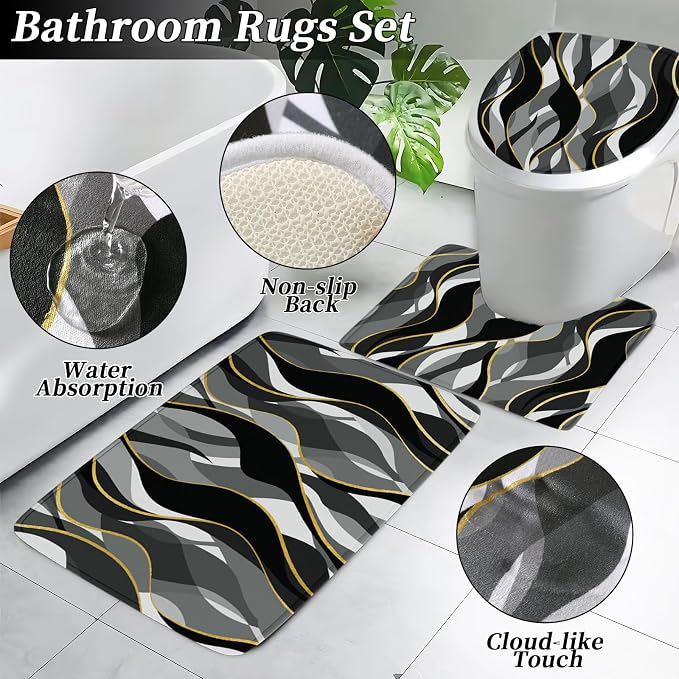 XLHOMO Bathroom Set - Black and Gold Bathroom Accessories, Bathroom Sets with Shower Curtain and Rugs, Black Shower Curtain Set with Bathroom Trash Can, Soap Dispenser, Soap Dish for Home Decor