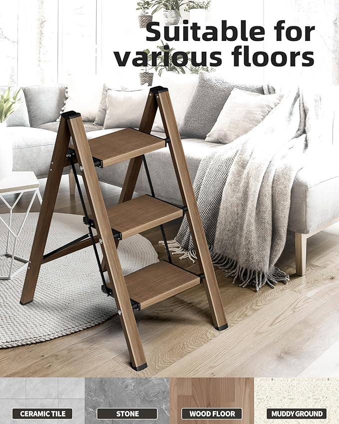 HillhutApex 3 Step Stool Foldable Ladder,Aluminum Step Ladder | Folding Lightweight Stable Stool with Wide Non-Slip Pedals, 330lbs Bearing Capacity Ladder for Office,Home,Kitchen-Walnut