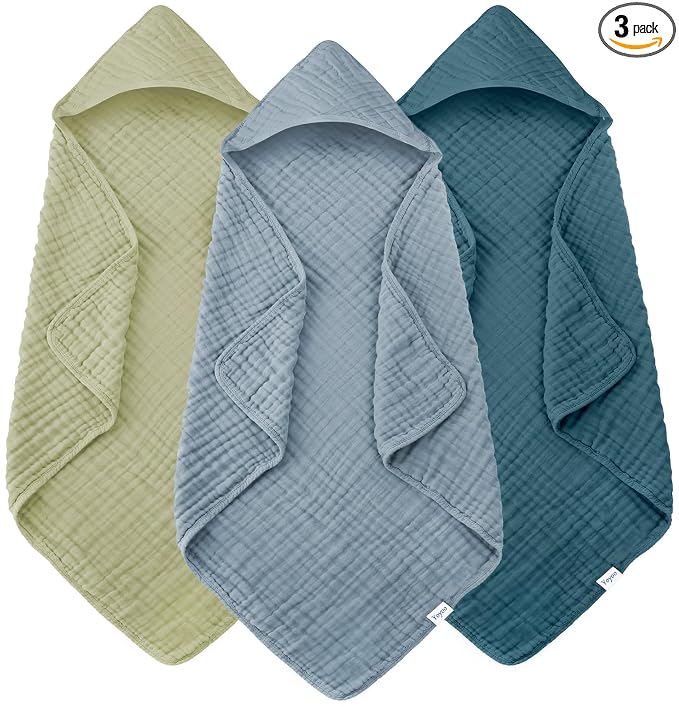 Muslin Hooded Baby Bath Towels - 3 Pack 100% Cotton Ultra-Soft Towels for Newborns, Infants, Toddlers - 32x32 Inch - Highly Absorbent, Quick-Dry Essentials for Bath, Beach, Pool, Green Blue Series