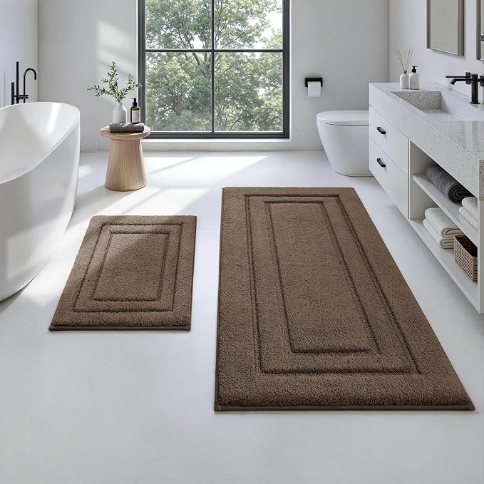 HOMEIDEAS Bathroom Rugs Sets 2 Piece, Super Soft and Absorbent Non Slip Microfiber Machine Washable Bath Mat Set (20" x 47" + 16" x 24", Brown)