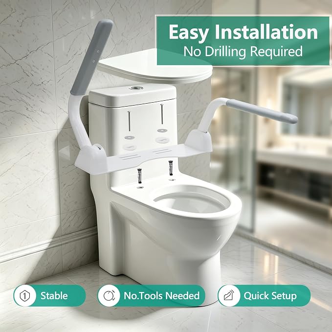 Toilet Safety Rails for Seniors – 500 lb Flip-Up Arms to Help You Stand, No-Drill Sit-to-Stand Support Rails, Toilet Hand Rails & Bars for Elderly, Handicapped & Disabled