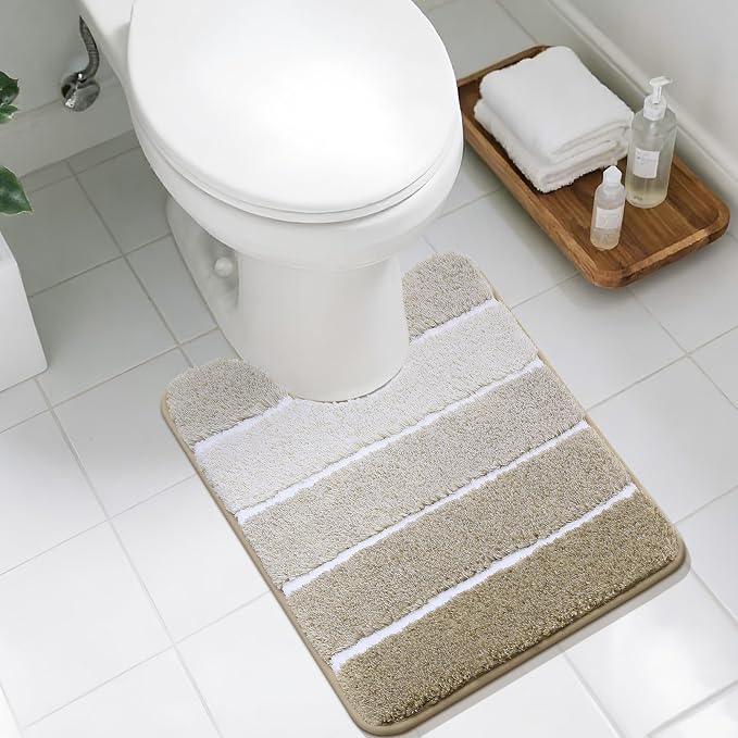 COSY HOMEER Toilet Rugs U-Shaped 24"x20", Ultra Soft Absorbent Bath Mat | Non-Slip TPR Backing, Machine Washable Shaggy Rug for Toilet,Beige & White