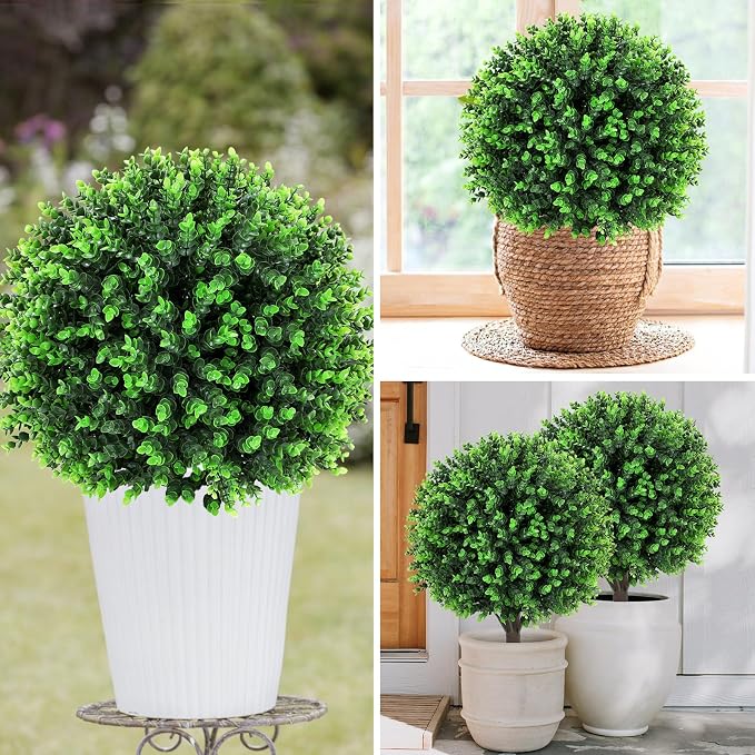 Artificial Green Eucalyptus Topiary Ball Tree 24" with Ground Spike, Set of 2 Artificial Boxwood Bushes for Faux Shrubs, Fake Evergreen Faux Plant for Indoor Outdoor Garden -UV Resistant–Fade-Proof