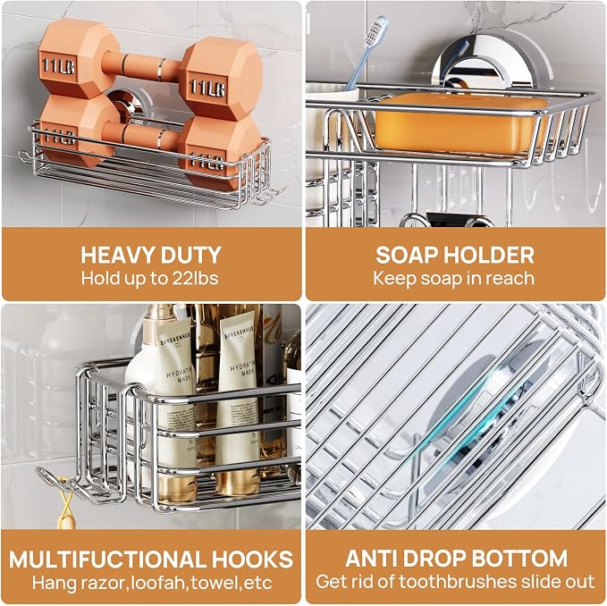 Shower Caddy Suction Cup, 3 Pack Bathroom Organizer with Hooks | Silver Bathroom Holder, Heavy Duty Shower Caddies, Soap Holder, Removable Shower Basket