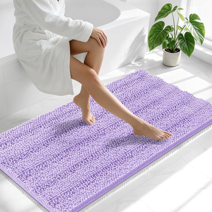 Smiry Thick Chenille Bathroom Runner Rugs 59x20, Soft Bath Mat, Lavender | Quick‑Dry & Machine Washable, Non‑Slip Bath Carpet, Striped Bath Rugs for Tub & Shower, Modern Home Decor Accessories