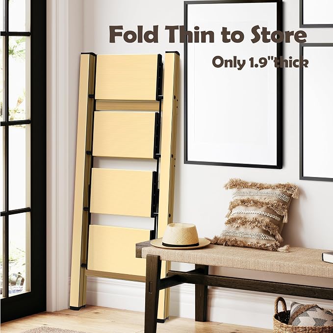 Taranta 4 Step Stool Foldable,Aluminum Step Ladder-Gold | Lightweight,Wide Anti-Slip Pedals,Folding Step Stool,330lbs Capacity Stepladder for Household,Kitchen,Office