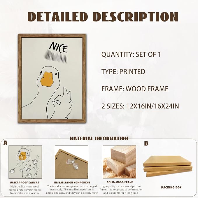 Framed Funny Duck Bathroom Wall Art, Humorous Canvas Wall Decor Painting, Minimalist Farmhouse Cute Goose Animal Print Posters Pictures for Bathroom Restroom 12x16 Inch