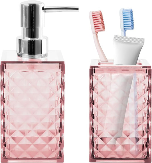 2 Piece Bathroom Accessory Set, Pink Soap Dispenser and Toothbrush Holder | Pink Bathroom Accessories Sets, Modern Bathroom Decor, Plastic Bathroom Sets