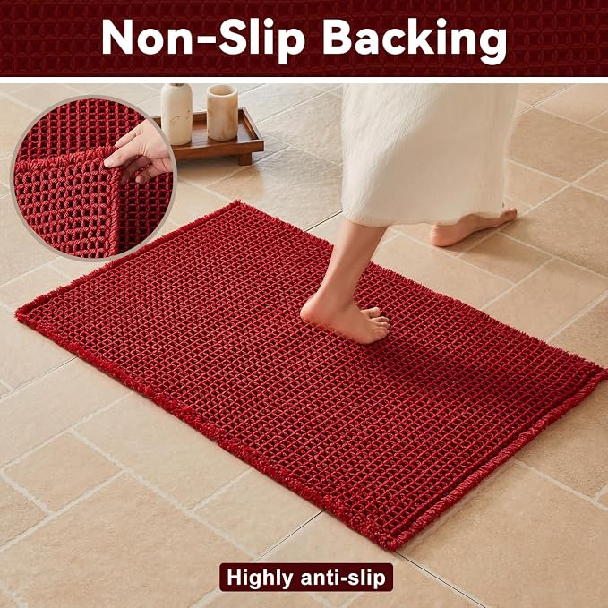 Triohero Waffle Bath Mat, Small Boho Bathroom Rugs Non Slip Washable, Ultra Soft Super Absorbent Quick Dry Farmhouse Bathroom Decor, 16" x 24", Burgundy