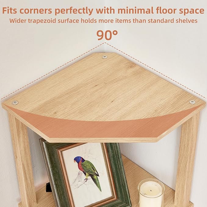 YUFAM 4-Tier Corner Shelf, Natural | Wooden Corner Bookshelf for Small Spaces, Corner Standing Shelf with Sturdy 5-Leg Base for bathroom