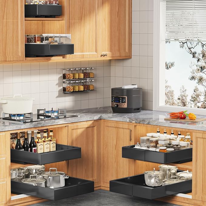 Seinloes 4 Pack Expandable Pull Out Cabinet Organizer 21" Deep with Raising Pad for Framed Cabinets,Upgrade 3 Slide Rails Slide Out Drawers,Roll Out Shelves Adhesive,Adjustable Width 9"-14.1" Black