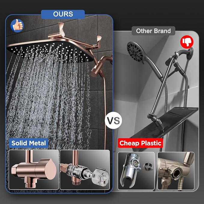 Veken Rose Gold 11.8" High Pressure Shower Head with Handheld, Easy Install | Handheld Shower Head with Multi Spray Modes,Rainfall Combo with 15" Metal Extension Arm,Detachable Dual Shower,Regaderas Para