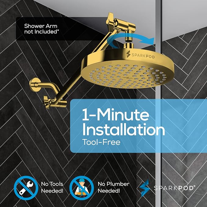 SparkPod Rain Shower Head, 8 Inch Round, Egyptian Gold Finish | High Pressure Shower Heads, 90 Nozzles, Adjustable Showerhead, No Tools Needed, Universal Connection