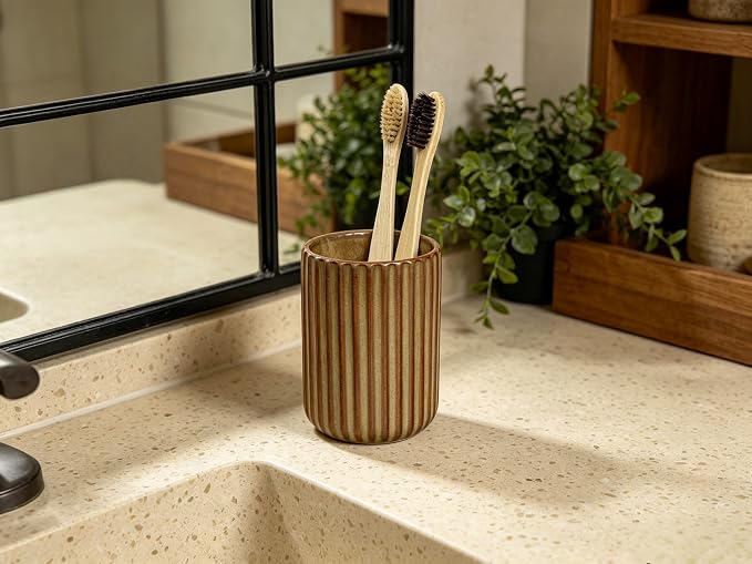 Stoneware Toothbrush Holder for Bathroom Tooth Brush Holder for Bathroom Toothbrush Cup Toothbrush Holders Cute Fluted Vertical Ribbed Stripe (Rustic Brown)