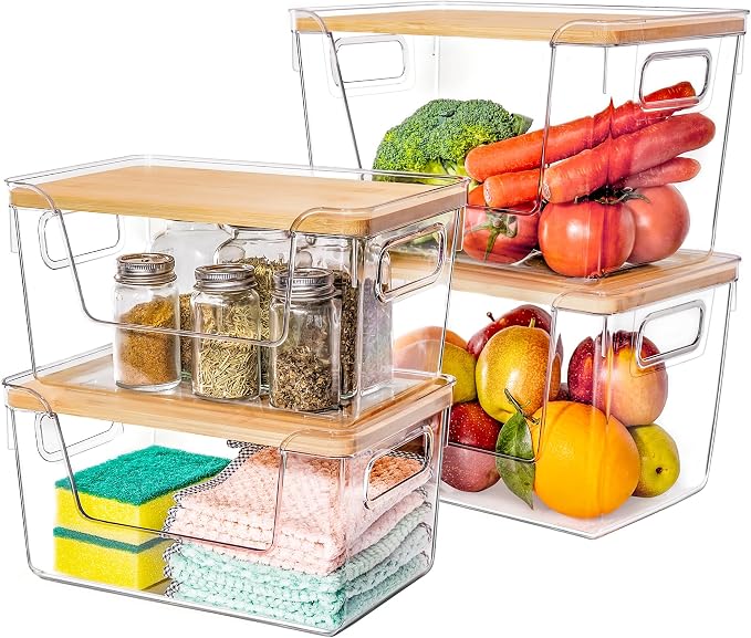 2 Large and 2 Small Pantry Organizers and Storage with Bamboo Lids, Stackable Clear Bins for Onion, Potato, Fruit, Vegetables, Trash Bag Dispenser, Kitchen and Under Sink Organizer