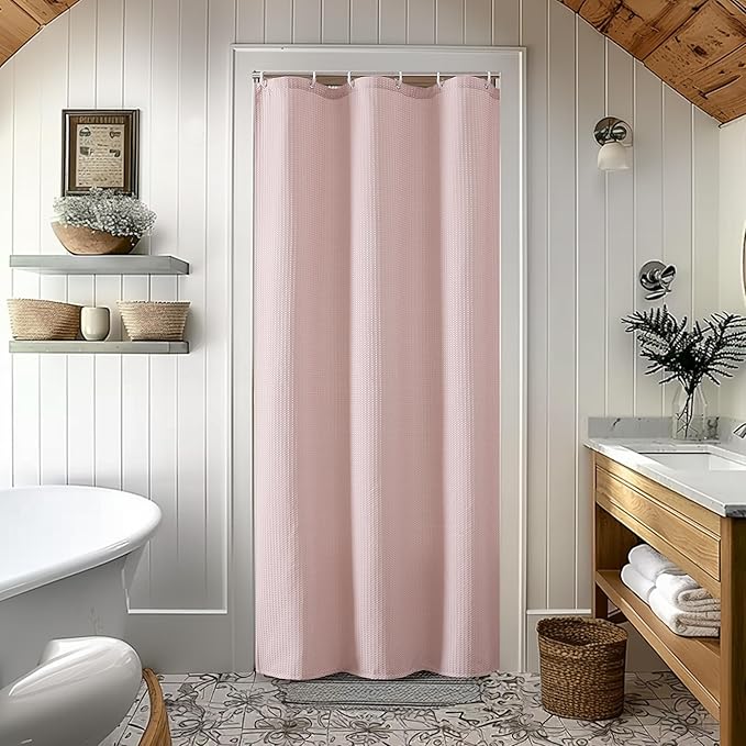 Stall Fabric Shower Curtain Set - 36x72, Waffle Weave 230GSM Heavy Duty Small Shower Curtains for Narrow Stall Size, Machine Washable Bath Curtain with 12 Plastic Hooks, 36x72, Blush Pink