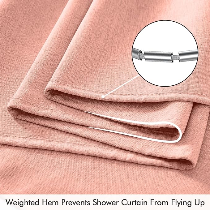 ANRODUO Blush Pink Linen Textured Fabric Shower Curtain Set - W72xL72 | Farmhouse Shower Curtain with 12 Metal Hooks, Waterproof Heavy Duty, Button Hole Design, Machine Washable for Bathroom