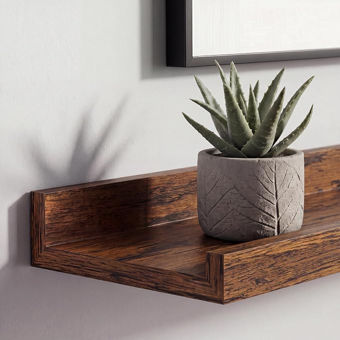 Brown Picture Ledge Shelves for Wall, 4.5" Deep Wood Floating Shelves with Lip for Bedroom, Living Room, 48" Width, Color Brown Set of 2