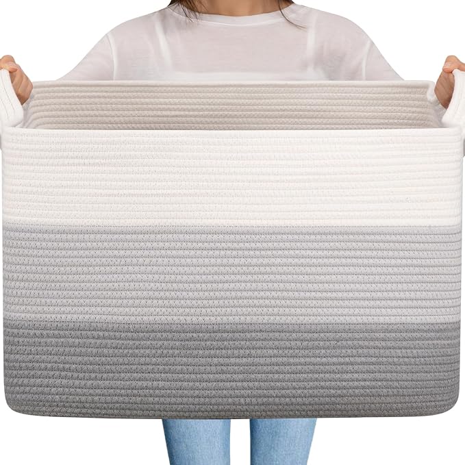OIAHOMY Extra Large Blanket Basket, 95L Cotton Rope Woven Laundry Basket, Toy Bin for Baby Room, Container for Blanket Storage in Living Room, 24''×17''×14'', Gradient Grey