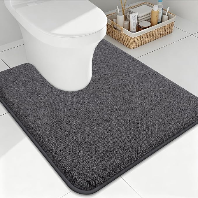 Smiry Memory Foam Toilet Rugs U Shaped 24x24, Extra Soft Bath Mat | Dary Grey Quick Dry, Machine Washable Bath Mats for Bathroom, Shower, Tub and Home Decor Accessories
