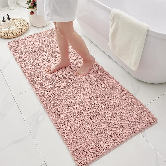 Bathroom Rugs Non Slip Washable 60x24, Extra Thick Soft Chenille Absorbent Bath Mat, High Density Barrier Non Slip Backing, Quick Dry Plush Shaggy Floor Carpet for Tub&Shower, Pink
