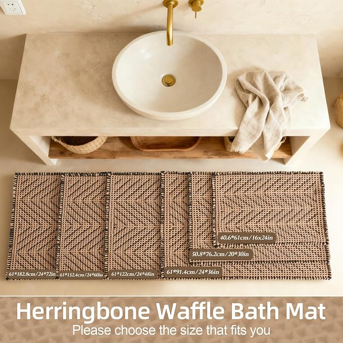 Sunfly Waffle Runner Bath Mat，Long Bathroom Rugs Non Slip Washable, Ultra Soft Super Absorbent Quick Dry Boho Farmhouse Bathroom Decor, 24" x 72", Black &Khaki