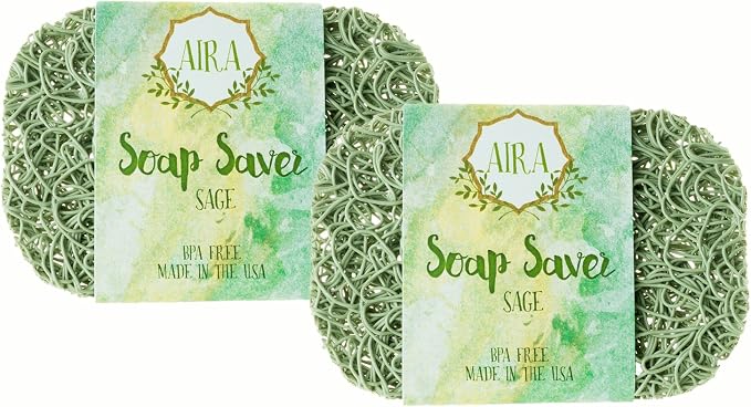 Aira Soap Saver - Dish & Holder Accessory - BPA Free Shower & Bath Holder - Drains Water, Circulates Air, Extends Life - Easy to Clean, Fits All Dish Sets - Sage Double Pack