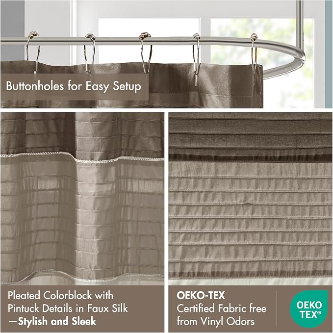 Madison Park Bathroom Shower Curtain 72 x 84 Extra Long, Faux Silk, Natural | Modern Classic, Light Sheen, Pieced, Striped, Microfiber, Machine Washable, OEKO-TEX Certified, Amherst
