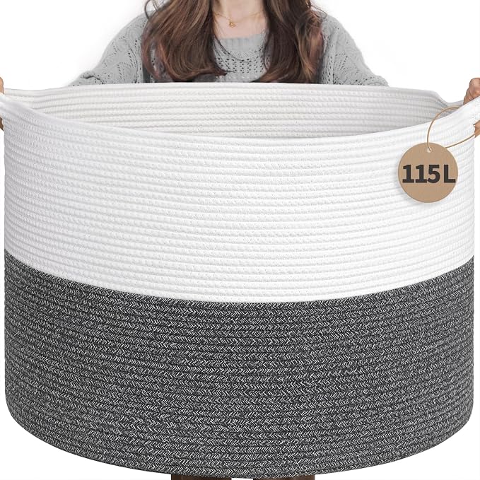 INDRESSME 115L Extra Large Woven Rope Blanket Basket Living Room | 23.6" x 15.7" Storage baskets for toys laundry & pillows. Fits living room, bedroom or nursery décor. Soft-touch with handles