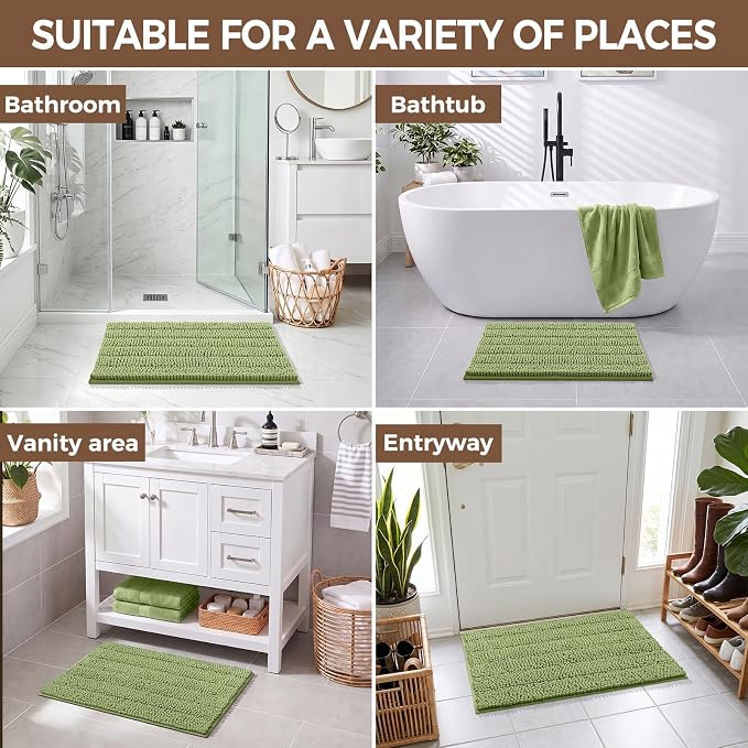 Bcoimo Bath Rug Mat,Sage Chenille High Absorbent Bathroom Mat for Floor Tub | Non Slip with Rubber Backing Bathroom Rugs Machine Washable;Extra Soft Bath Rug ;High Absorbent And Quick Dry Microfiber mat