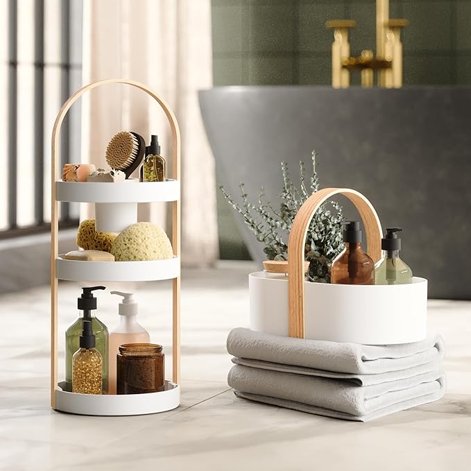 Umbra Bellwood Makeup Organizer, with Handle, Large, White/Natural | Three tier capacity, removable brush cup, integrated carry design, vanity countertop use, sixty percent recycled plastic