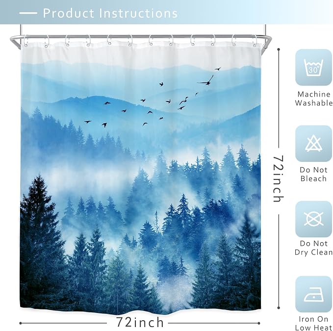 Navy Blue Mountain Nature Woodland Scenery Bathroom Shower Curtain Set | 72"W x 72"L shower curtain， Park Scene: HD waterproof print, quick-dry cloth, free hooks for easy installation.