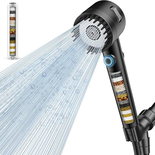 Filtered Shower Head with Handheld,High Pressure 5 Mode Shower with Filters | ON/OFF Switch Shower Filter Head for Hard Water, Remove Chlorine, Reduce Dry Itchy Skin,Holder & 60'' Hose Showerhead