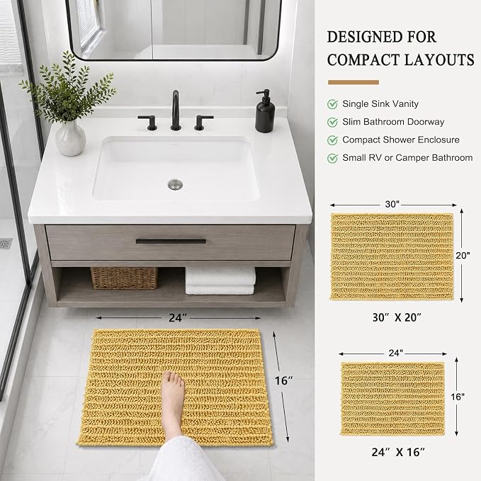 Arotive Bathroom Rugs Mat 24x16, Soft Absorbent Chenille Shaggy Bath Mat | Yellow, Machine Wash Dry, Bath Rugs for Bathroom Floor, Tub and Shower, Home Decor Accessories