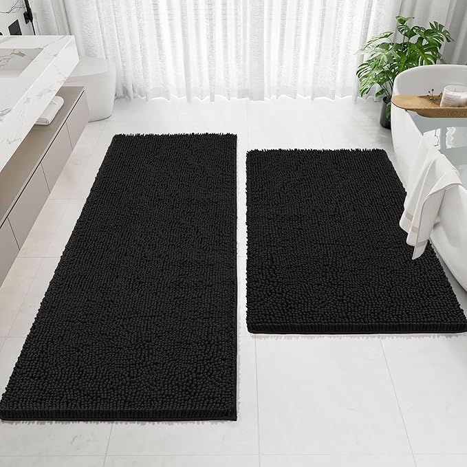 Bathroom Rugs Mat 48 x 24, Thick Soft Absorbent Chenille Bath Rugs, Rubber Backing Bath Mats for Bathroom Floor, Tub, Shower, Bedroom, Home Decor Accessories, Quick Dry Machine Washable, Black