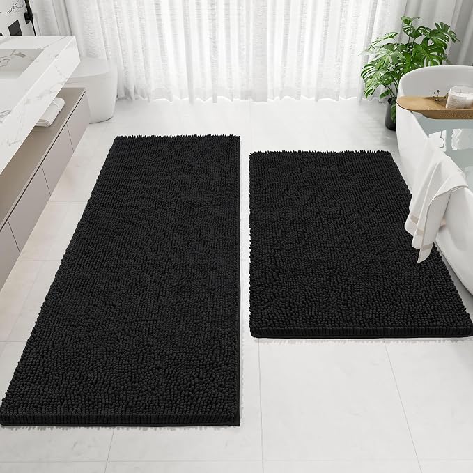 Bathroom Rugs Mat 72 x 36, Thick Soft Absorbent Chenille Bath Rugs, Rubber Backing Bath Mats for Bathroom Floor, Tub, Shower, Bedroom, Home Decor Accessories, Quick Dry Machine Washable, Black
