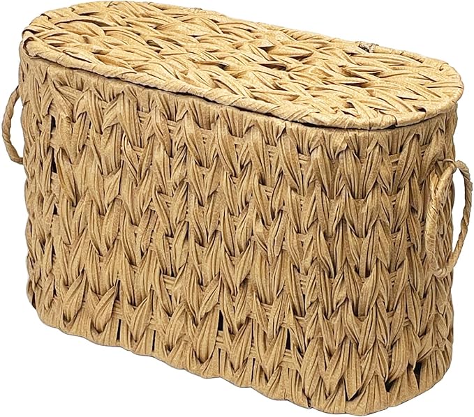 Toilet Paper Storage Basket with Lid, Narrow Bathroom Organizer for 6 Mega Rolls, Waterproof Wicker Look Plastic Basket with Handles, Toilet Tank Top Holder, Farmhouse Bathroom Storage Bin (Linen)