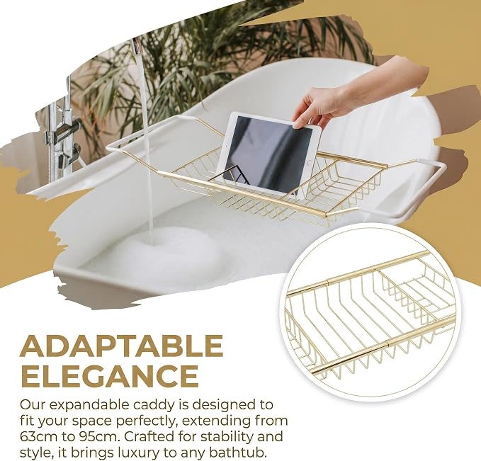 Cabilock Luxury Stainless Steel Bathtub Caddy Tray - 24.8in Expandable Modern Bath Rack for Tub with Wine Glass & Book Holder - Rustproof Shower Organizer & Tablet Stand for Home Spa, Gold