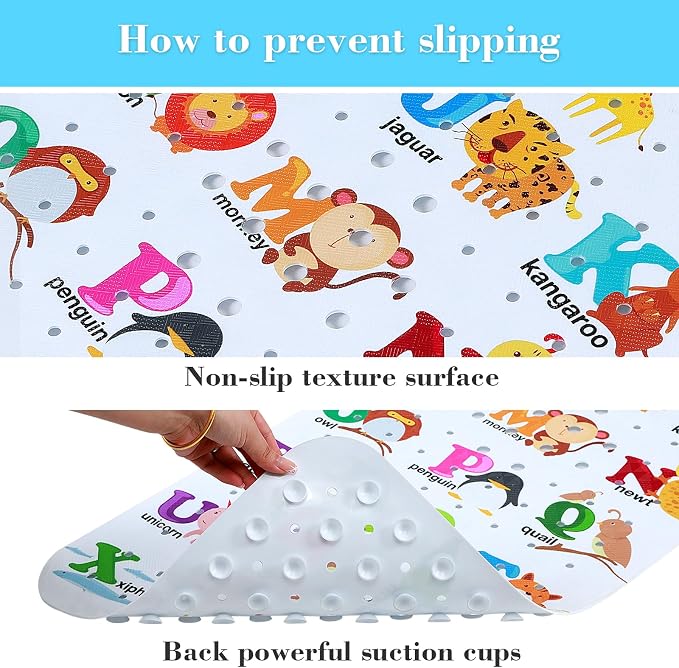 Secopad Bathtub Mat Non Slip, Cute Tub Mat, 40" x 16", Alphabet and Animals | Rectangular, Anti-Slip, Machine Washable, with Drain Holes and Suction Cups,For Bathtub and Shower Floor, for Toddler & Kids