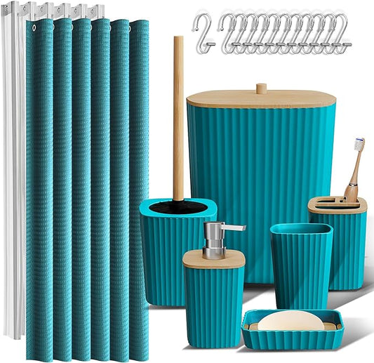 Clara Clark Teal Bathroom Set, Shower Curtain Set, Bathroom Accessory Set | 20 Piece Bathroom Accessories Set with Toothbrush Holder, Soap Dispenser, Soap Dish, Toilet Brush, and Bathroom Trash Can