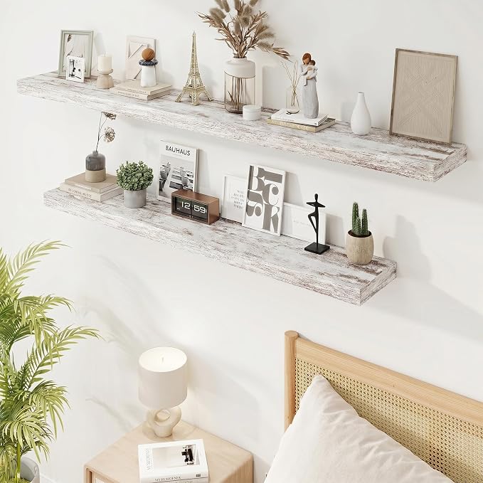 72in Floating Shelves for Wall, 72"W x 9.25"D x 1.5"H, Vintage White, 2Pcs | Long Wall Mounted Engineered Wood Shelves with Invisible Brackets for Living Room, Bedroom, Bathroom, Kitchen, 9.25in Depth