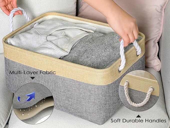 Storage Basket for Organizing - 3 Pack 14x10x7 inch Large Collapsible Storage Bin for Shelves, Fabric Storage Cubes for Organizer ClosetCloth Gift Toy (Grey & Gold)