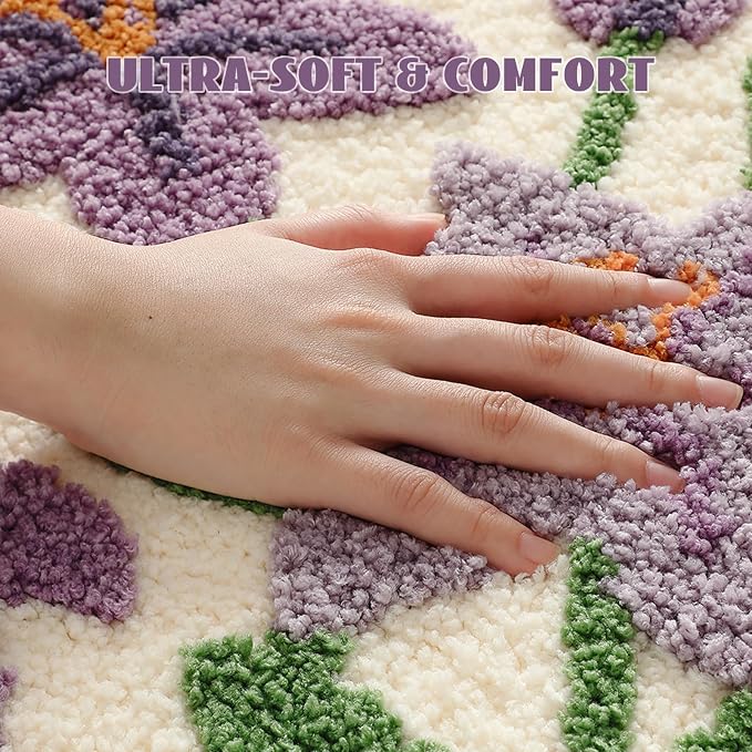 Cloud-Shaped Lily Bath Mat, Soft Non-Slip Fluffy Fresh Flowers Bathroom Rug, Ultra Absorbent Microfiber Shaggy Door Mat, Machine Washable Bath Rug Carpet for Bathtub Bedroom 20x31 Inch (Purple Lily)