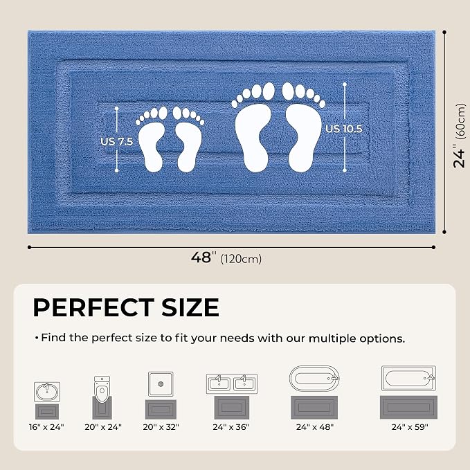 GRANNY SAYS Blue Bathroom Runner Rug 24" x 48", Soft Microfiber Bath Mat | Non-Slip long rug with TPR Backing, Absorbent, Machine Washable Extra Large Bath Rugs for Double Vanity, Shower, Tub