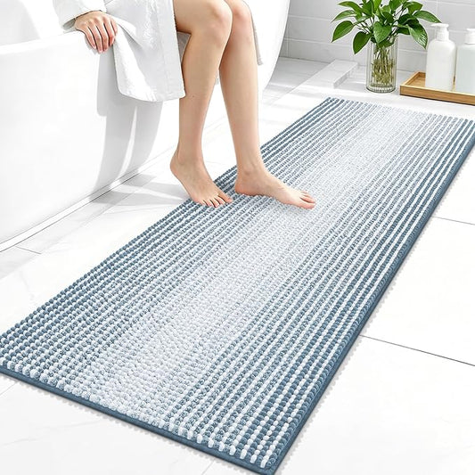 OLANLY Bathroom Runner Rugs 47x20, Chenille Striped Bath Rugs, Airy Blue | Extra Soft Absorbent, Rubber Backing, Machine Wash Dry, Bath Mats for Bathroom Floor, Tub and Shower, Home Decor Accessories