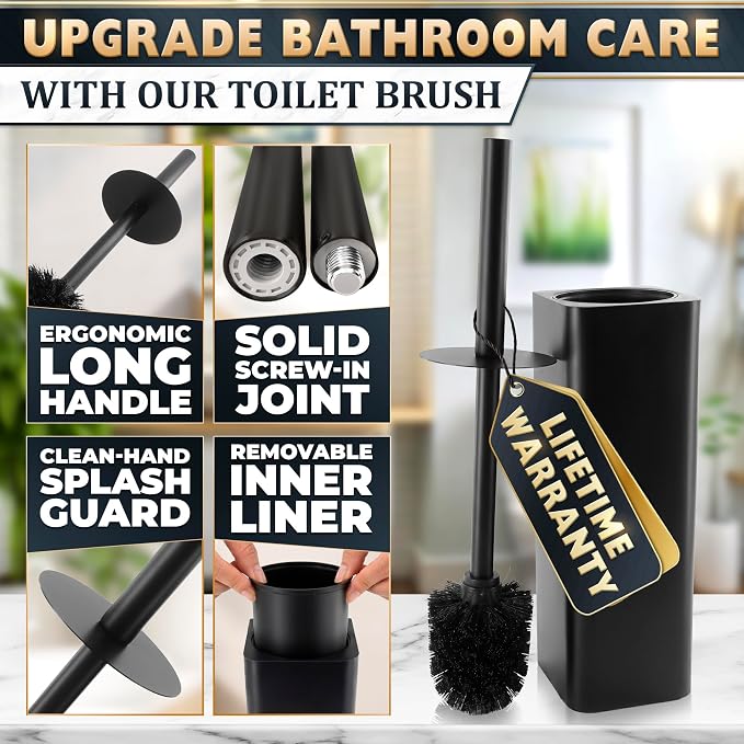 Black Toilet Brush and Holder Set, Stainless Steel Material (Black) | Toilet Bowl Brush and Holder, Squircle Bowl Shape and Removable Inner Bowl, Dense Bristles, Long Handle, Scratch Resistant