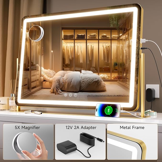 Hasipu Large LED Vanity Mirror 30"x21" - Makeup Mirror with 5X Magnification, Phone Holder, USB Charging, Smart Touch 3-Color Lighting & 360° Rotation (Gold)