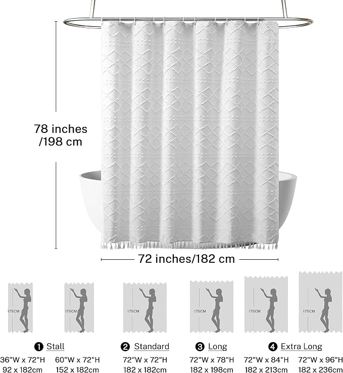 Extra Long White Textured Woven Fabric Boho Shower Curtain with Tassels 72 x 78 Modern Farmhouse Minimalist, Tufted Chevron Striped Shabby Chic, Water Resistant Cloth Curtain for Bathroom, Hotel Decor