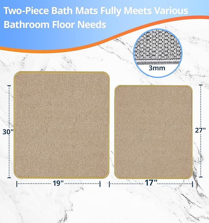Bathroom Rugs Sets 2 Piece, Thin Bath Mat Absorbent Quick Dry, Machine Washable, Rubber Backing for Non Slip, Low Pile Cozy Cloth Bathroom Rug Set for Tub/Sink/Shower (27"x17" & 30"x19", Khaki)